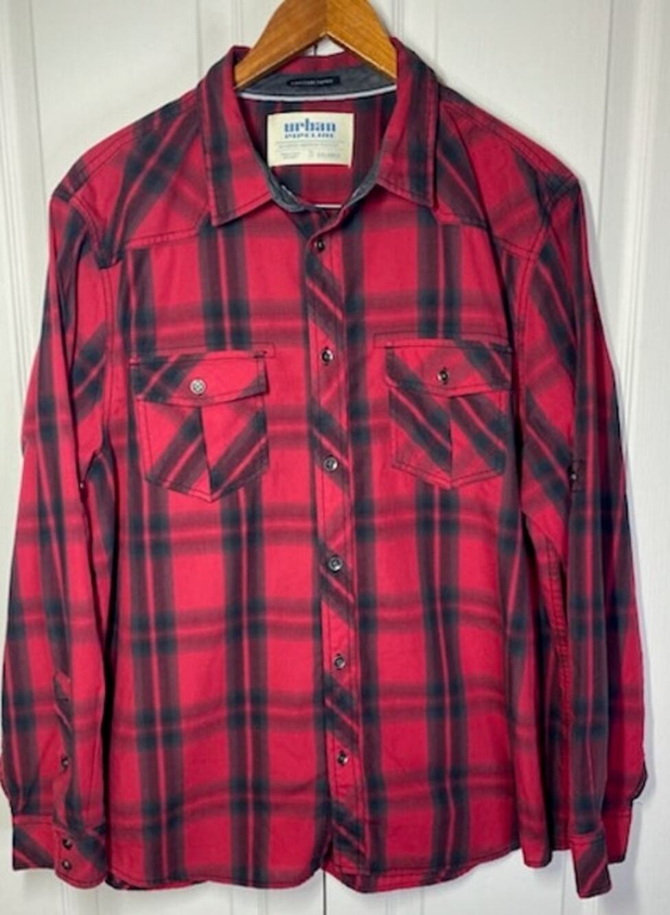 Urban Pipeline Red Black Plaid Roll‑Tab Shirt • 2XL • 60/40 • 25x30
